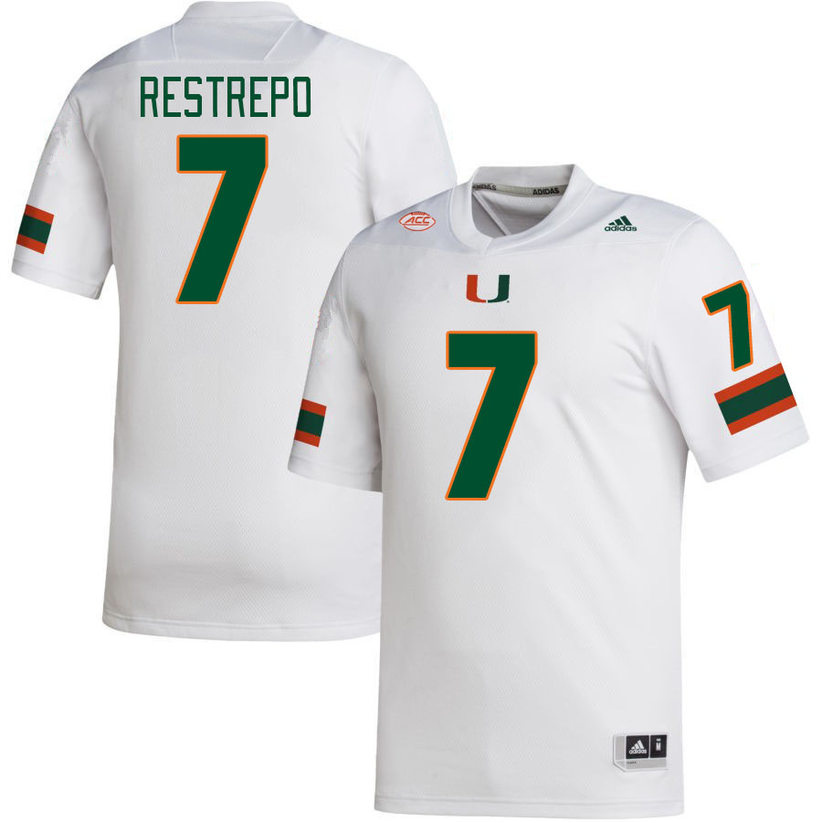 Men #7 Xavier Restrepo Miami Hurricanes College Football Jerseys Stitched-White